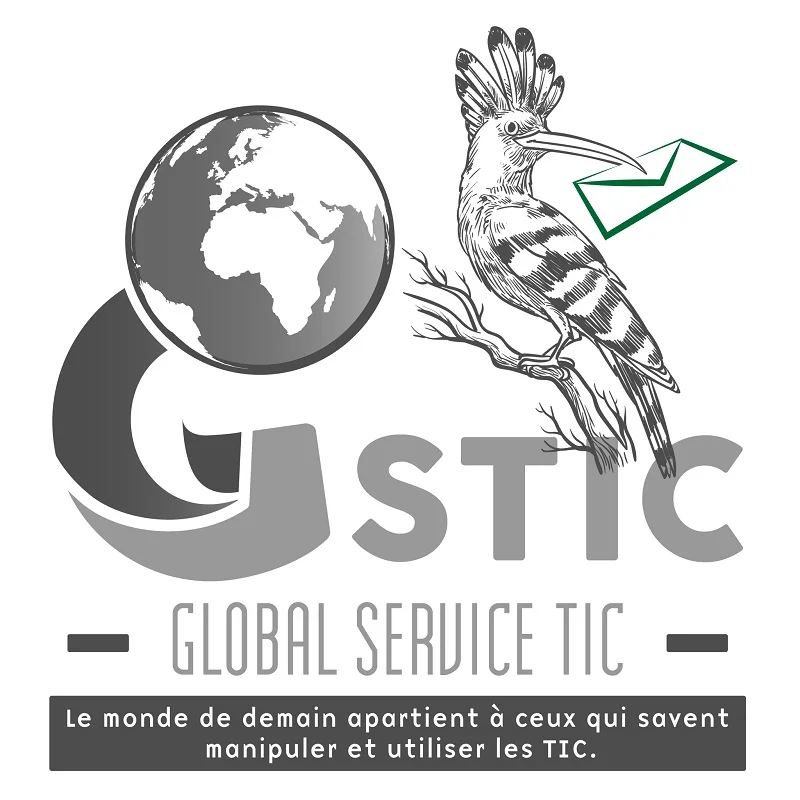Logo de Global Service TIC : un globe, une huppe portant une enveloppe et la devise « Le monde de demain appartient à ceux qui savent manipuler et utiliser les TIC »